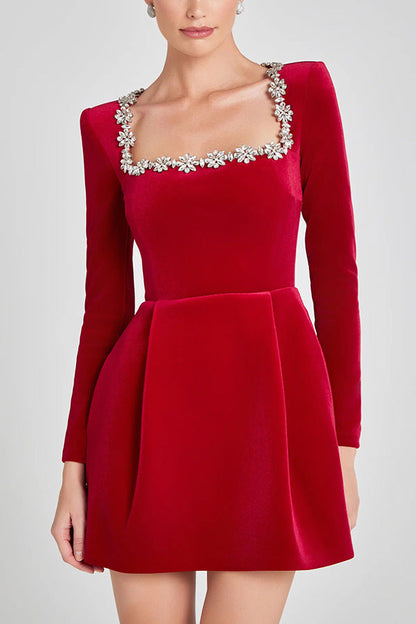 Women Spring Clothing Elegant Square Collar Diamond Inlaid Short Velvet Dress by Ragazza