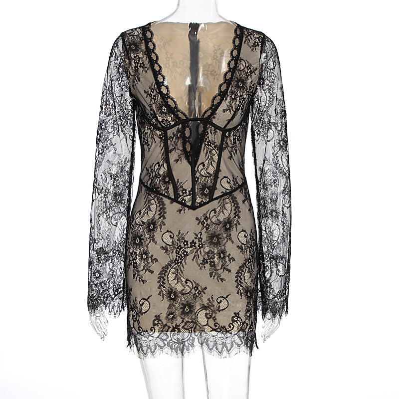 Women Clothing Autumn Sexy Adult Lady like Woman Lace Deep V Plunge Long Sleeve Slim Hip Bag Dress by Ragazza