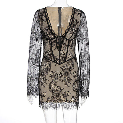 Women Clothing Autumn Sexy Adult Lady like Woman Lace Deep V Plunge Long Sleeve Slim Hip Bag Dress by Ragazza