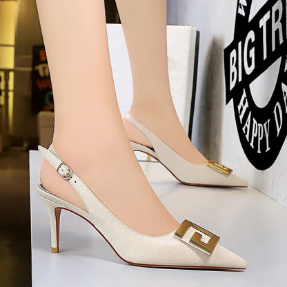 Women Shoes Stiletto Heel Shallow Mouth Pointed Toe Hollowed Back Strap Metal Square Buckle Pumps  DestGlow