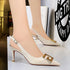 Women Shoes Stiletto Heel Shallow Mouth Pointed Toe Hollowed Back Strap Metal Square Buckle Pumps  DestGlow