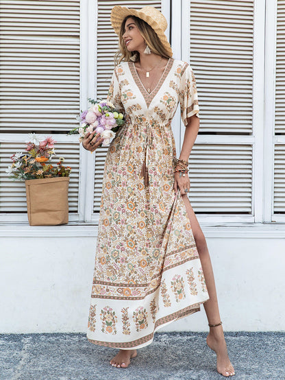Women Bohemian Beige Printed Dress Long Tassel by Ragazza