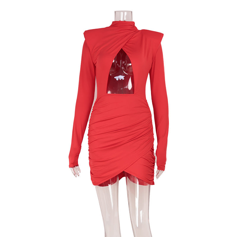 Women Clothing Hollowed out Design Slim Fit Padded Shoulder Long Sleeve Narrow Dress Solid Color Dress by Ragazza