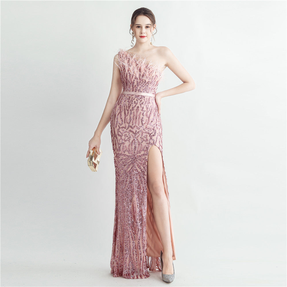 Heavy Industry Ostrich Hair Craft Bundle Hair Oblique Shoulder Side Slit High End Evening Dress by Ragazza