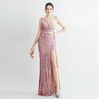 Heavy Industry Ostrich Hair Craft Bundle Hair Oblique Shoulder Side Slit High End Evening Dress by Ragazza