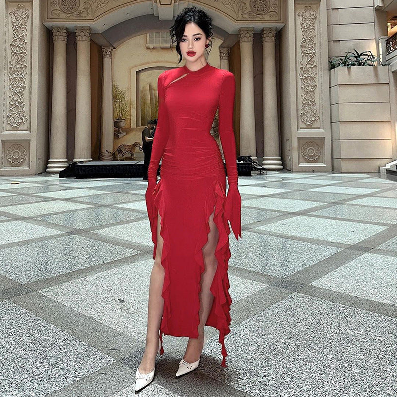 Autumn Socialite Slim Fit Ruffled Split Long Sleeve Sexy Dress by Ragazza