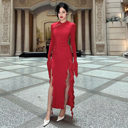 Autumn Socialite Slim Fit Ruffled Split Long Sleeve Sexy Dress by Ragazza