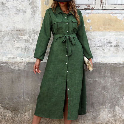 Fall Women Clothing Turn down Collar Green Long Sleeve Solid Color Dress  DestGlow