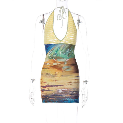 Spring Sexy Printing Stitching Wool Deep V Plunge Halter Sheath Dress for Women by Ragazza
