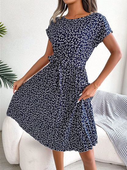 Spring Summer New Casual Short Sleeve Floral Large Hem Pleated Women Clothing by Ragazza