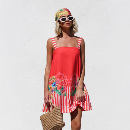 Suspender Skirt Positioning Printing A Swing Mini Suspender Dress for Women by Ragazza