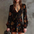 Elegant Floral Print V neck Velvet Dress Sexy Waist Trimming Long Sleeve Short Dress by Ragazza