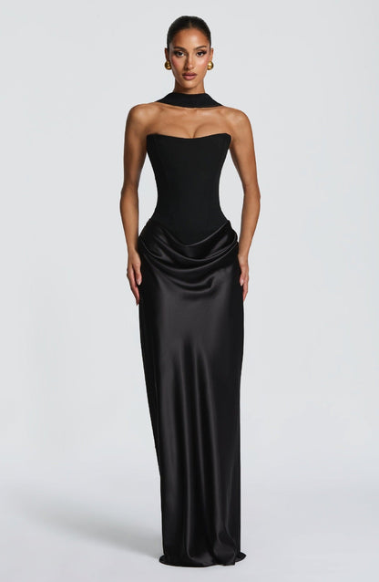 Solid Color Waist Tight Sexy Tube Top Package Hip Maxi Dress Satin Lace up Ribbon Dress  DestGlow