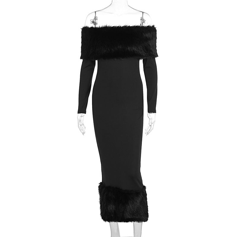 Women Clothing Autumn Winter Fur Collar off Neck Long Sleeve Slim Fit Evening Dress by Ragazza