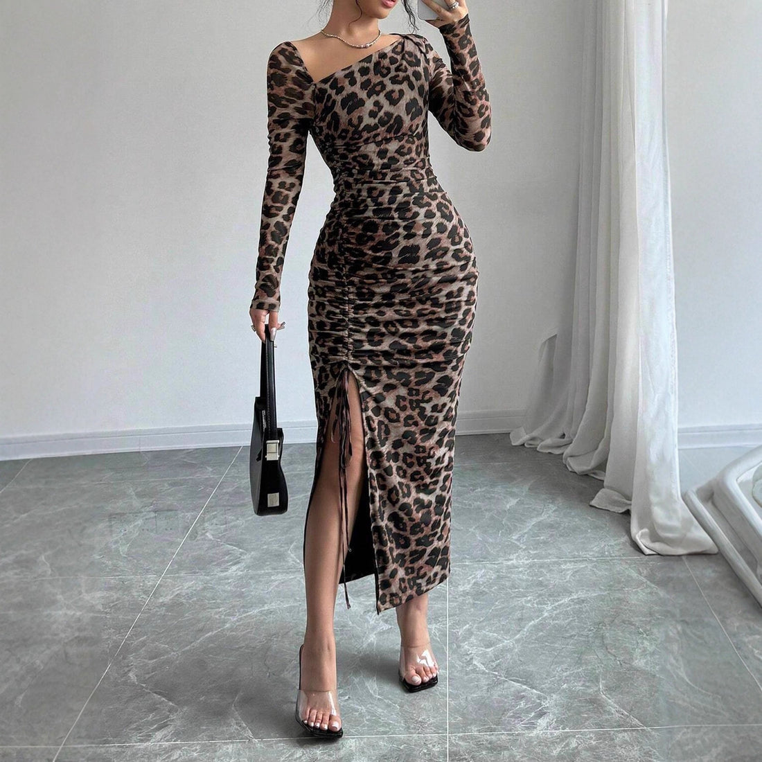 Leopard Print Dress Autumn Winter Sexy Slim Hip Sexy Long Sleeve Inner Wear Office by Ragazza