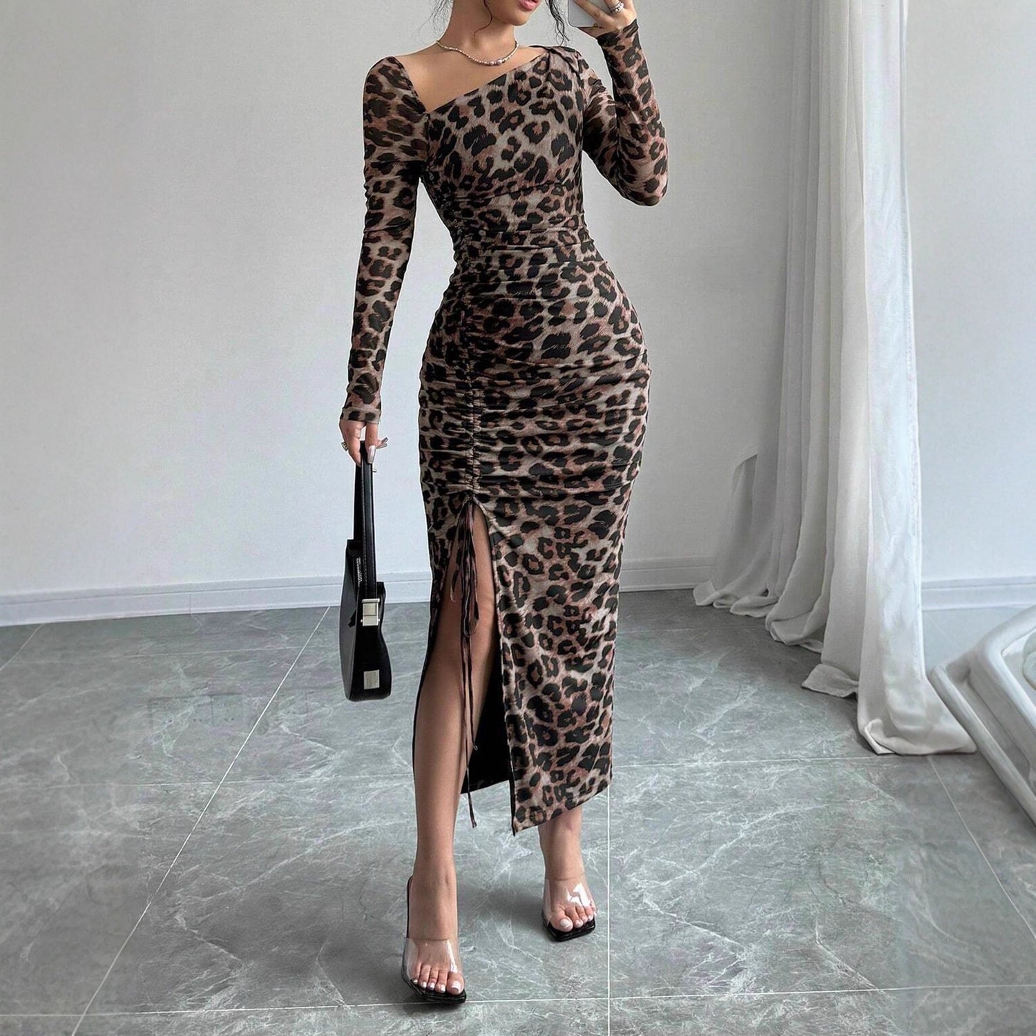 Leopard Print Dress Autumn Winter Sexy Slim Hip Sexy Long Sleeve Inner Wear Office by Ragazza