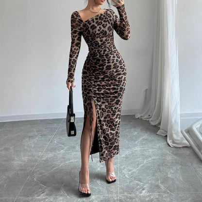 Leopard Print Dress Autumn Winter Sexy Slim Hip Sexy Long Sleeve Inner Wear Office by Ragazza