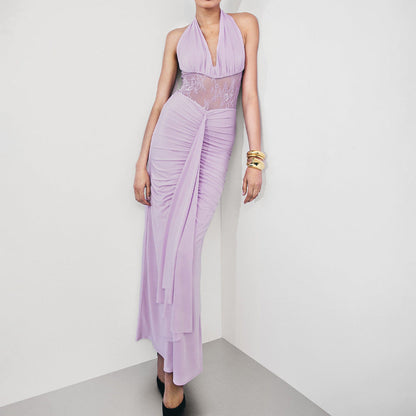 Elegant Deep V Plunge Halter Waist Slimming Maxi Dress Sexy Hollow Out Cutout out Backless Ribbon Dress by Ragazza