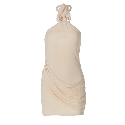 Summer Sexy Stitching Gauzy Package Hip Short Solid Color Street Halter Dress Women by Ragazza