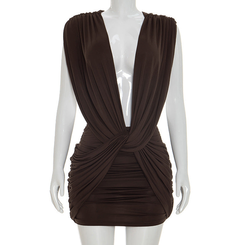 Women Clothing Summer Solid Color Casual Cross Twist Sleeveless Pleated Slim Short Dress  DestGlow