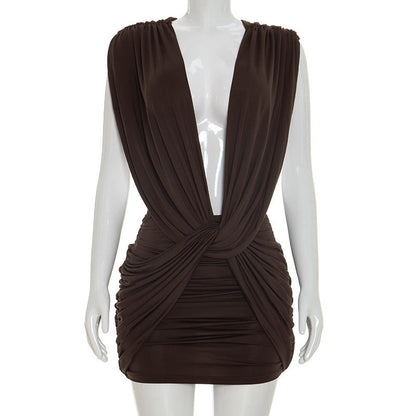 Women Clothing Summer Solid Color Casual Cross Twist Sleeveless Pleated Slim Short Dress  DestGlow