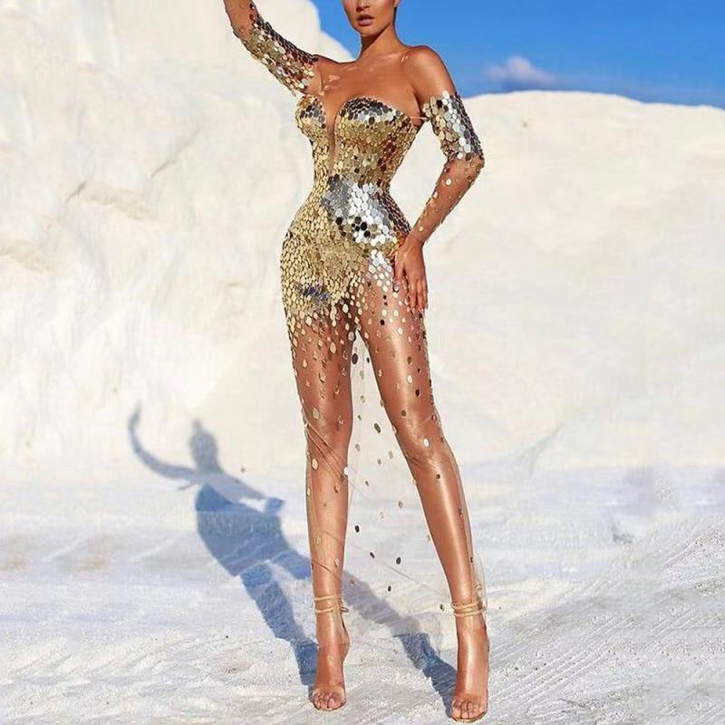 Summer Women Clothing Dress Sequined off Shoulder Sexy Mesh See through Long Evening Dress by Ragazza