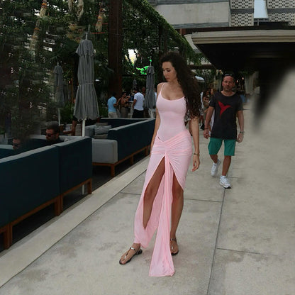 Sexy Sling Slim Fit Waist Pleating Design High Slit Sheath Maxi Dress by Ragazza