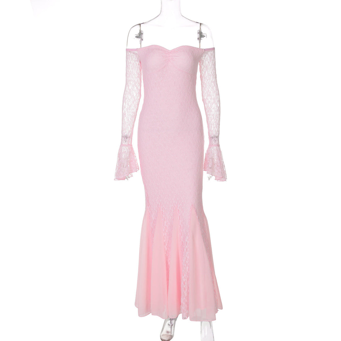 Dress Sexy Bandeau Stitching Lace Sleeve Slim Long Fishtail Evening Dress by Ragazza