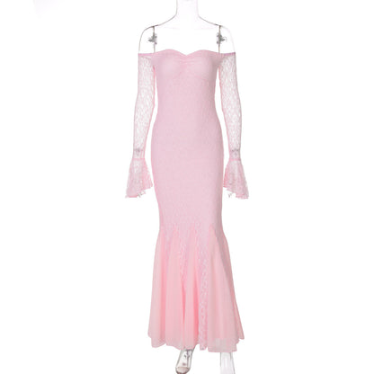 Dress Sexy Bandeau Stitching Lace Sleeve Slim Long Fishtail Evening Dress by Ragazza