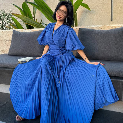French Personalized Puff Sleeve Design V neck High Waist Tight Waist Design Maxi Dress Autumn Solid Color Women Dress by Ragazza