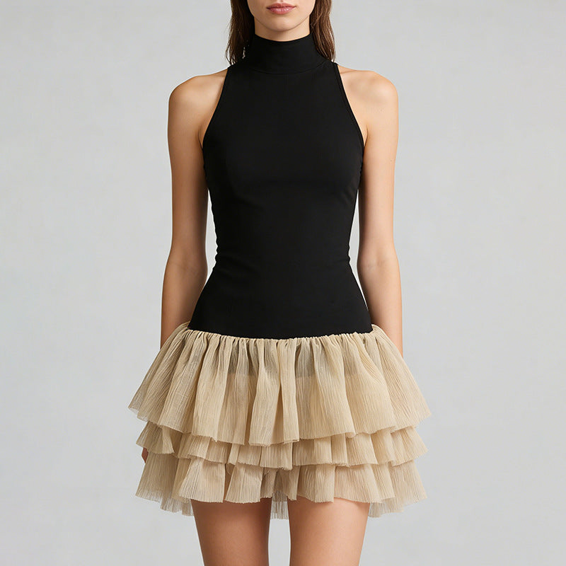French Elegant Color Contrast Short Dress Women Sleeveless Stand up Collar Slim Fit Simple Bubble Dress  DestGlow