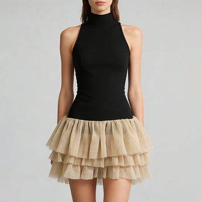 French Elegant Color Contrast Short Dress Women Sleeveless Stand up Collar Slim Fit Simple Bubble Dress  DestGlow