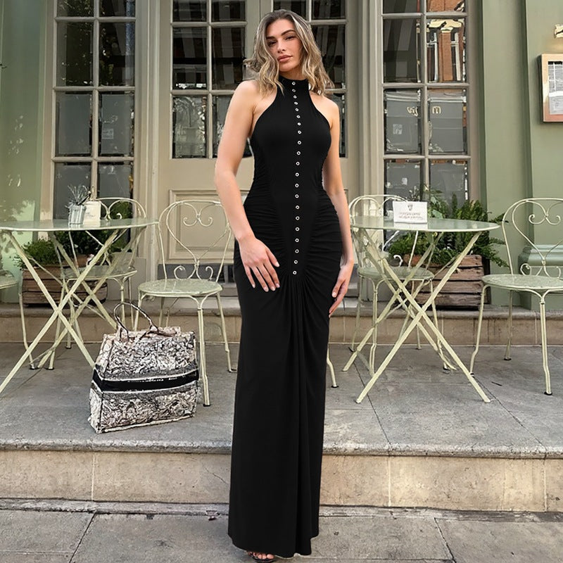 French Women Autumn Slim Fit Crumpled Button round Neck Sleeveless Dress for Women by Ragazza