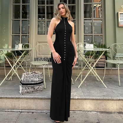 French Women Autumn Slim Fit Crumpled Button round Neck Sleeveless Dress for Women by Ragazza