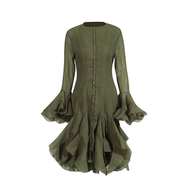 Spring Ruffles Design Waist Tight Slimming Flared Sleeves Dress Women by Ragazza