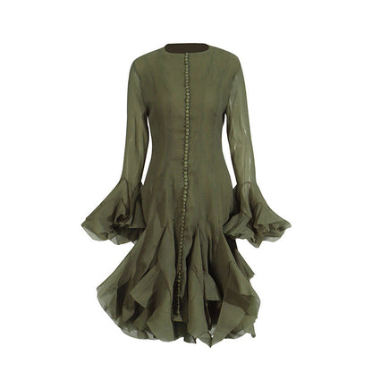 Spring Ruffles Design Waist Tight Slimming Flared Sleeves Dress Women by Ragazza