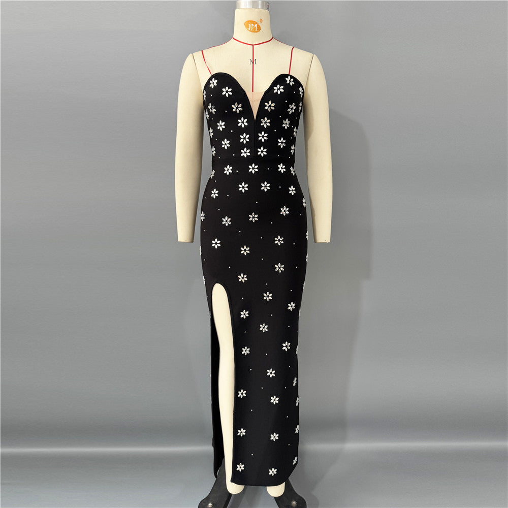 Rhinestone Tube Top Bandage One Piece Dress Sexy High Split Waist Slimming Long Evening Dress by Ragazza