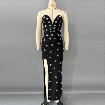Rhinestone Tube Top Bandage One Piece Dress Sexy High Split Waist Slimming Long Evening Dress by Ragazza
