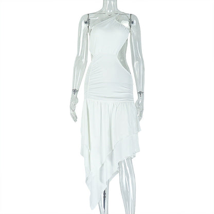 Women Clothing Pleated Elegant Solid Color Asymmetric Dress Diagonal Collar Single Shoulder Suspender Split Dress by Ragazza