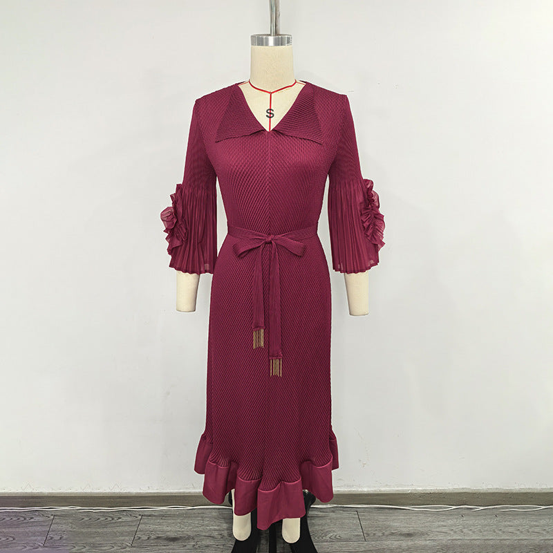 WomenClothing Autumn Slim Fit Fishtail Ruffle Sleeve Waist Tight Slimming Lace up Elegant Dress  DestGlow