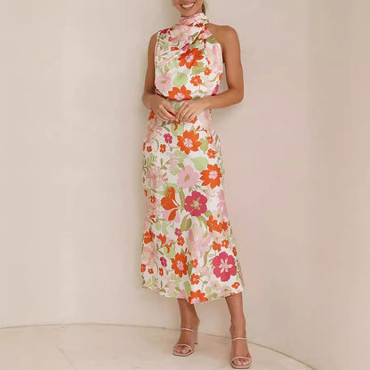 Mature Elegant Women Sleeveless Strap Printing Satin Dress by Ragazza
