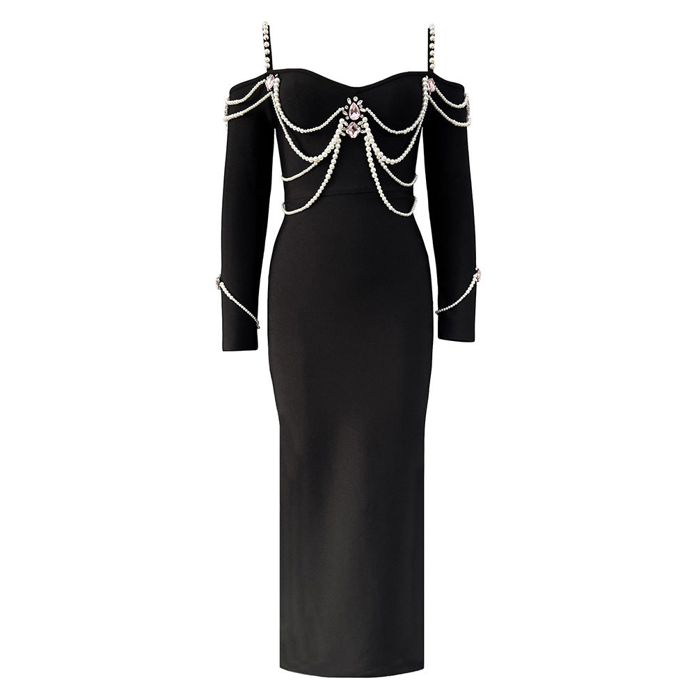 Sexy Sling Beads Rhinestones Long Sleeve Bandage Bandage One Piece Dress Party Gathering Formal Dress by Ragazza