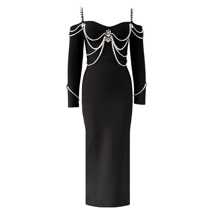 Sexy Sling Beads Rhinestones Long Sleeve Bandage Bandage One Piece Dress Party Gathering Formal Dress by Ragazza