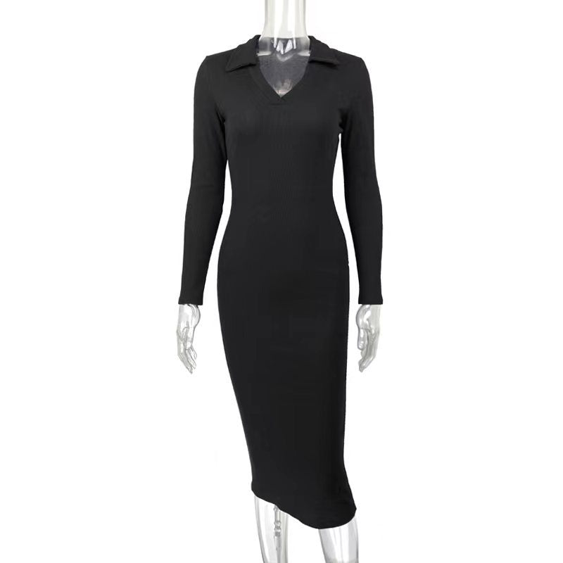 Autumn Winter Women Clothing Midi French Sexy Deep V Plunge Plunge Collared Slimming Dress by Ragazza