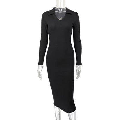 Autumn Winter Women Clothing Midi French Sexy Deep V Plunge Plunge Collared Slimming Dress by Ragazza