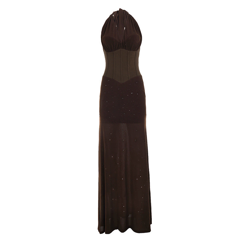 Retro Sequined Women V neck Halter Dress Waist Chest Pad Elegant Mesh Stitching the Dinner Party Dress  DestGlow