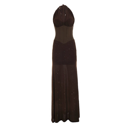Retro Sequined Women V neck Halter Dress Waist Chest Pad Elegant Mesh Stitching the Dinner Party Dress  DestGlow