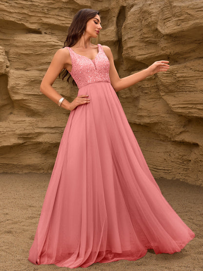 Elegant Sequin Stitching Mesh Double Collar Party Dress Sleeveless Large a Hem Full Lining Maxi Dress Prom by Ragazza