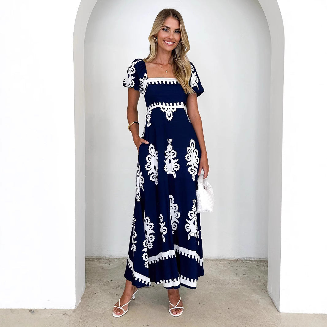 Summer Women Clothing Vacation Printed Beach Dress Smocking Dress Women by Ragazza