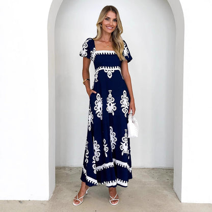 Summer Women Clothing Vacation Printed Beach Dress Smocking Dress Women by Ragazza